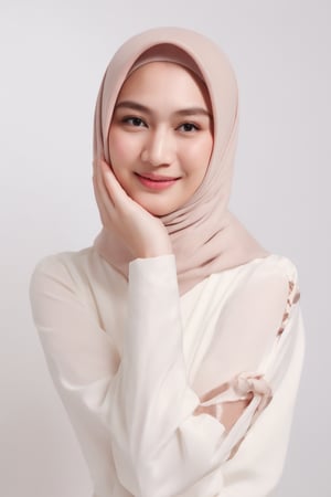 Juergen Teller photographs a young Korean idol with brown skin and white hijab against a crisp white Hasselblad-styled backdrop.(32k, RAW photo, best quality, masterpiece:1.2), (realistic, photo-realistic:1.37), professional lighting, photon mapping, radiosity, 1girl,  hand on hip, (looking at viewer:1), high quality, ultra detailed, highres, 8k, accurate color reproduction, realistic texture, ((simple background, white background)), (((naked, nude,nsfw))), (extra detailed), (best quality), 1girl, ((extra detailed body:1.3)),  pale skin, (realistic glistening skin:1.2), skindentation, high resolution scan, (photo by Canon 5d, 50mm ZEISS lens), hourglass proportions, (8k uhd, hdr, dof), (professionally color graded), sharp focus, natural lighting, (proportional eyes, same size eyes)