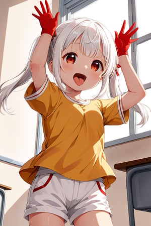 loli , happy face, white hair, red_eyes, twintails, down_view, classroom, yellow shirt, white shorts, sticking_out_tongue, hands_raised