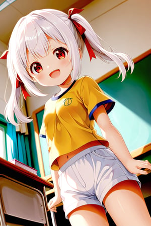 loli , happy face, white hair, red_eyes, twintails, down_view, classroom, yellow shirt, white shorts, 