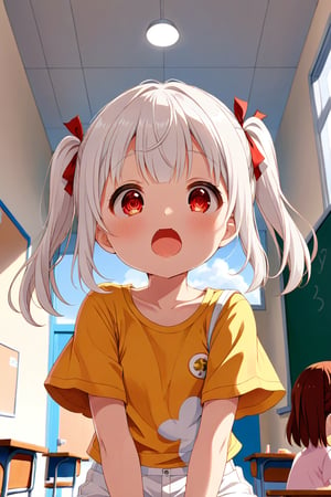 loli , surprise face, white hair, red_eyes, twintails, down_view, classroom, yellow shirt, white shorts, 