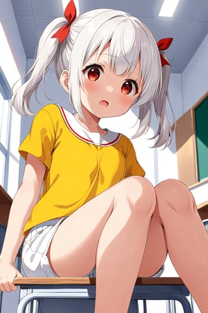 loli , surprise face, white hair, red_eyes, twintails, down_view, classroom, yellow shirt, white shorts, sitting