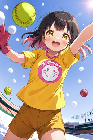 loli, happy face, black hair, yellow_eyes, down_view, snow baseball, pink hair, yellow shirt, brown yellow shorts, throwing balls