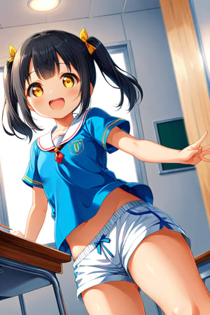 loli , happy face, black hair, yellow_eyes, twintails, down_view, classroom, blue shirt, white shorts, 