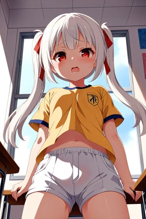 loli , lewd face, white hair, red_eyes, twintails, down_view, classroom, yellow shirt, white shorts, 