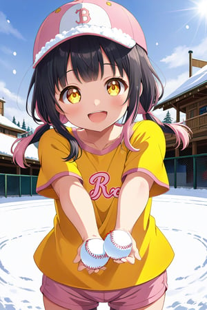 loli, happy face, black hair, yellow_eyes, front_view, snow baseball, pink hair, yellow shirt, brown yellow shorts, 