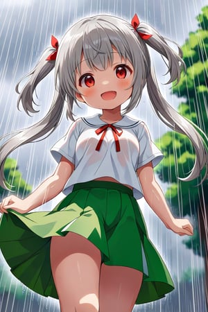 loli , happy face, twintails, gray hair, red_eyes, down_view, rain park, white shirt, green skirt,