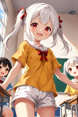 loli , happy face, white hair, red_eyes, twintails, down_view, classroom, yellow shirt, white shorts, 