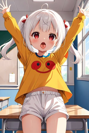 loli , surprise face, white hair, red_eyes, twintails, down_view, classroom, yellow shirt, white shorts, sticking_out_tongue, hands_raised