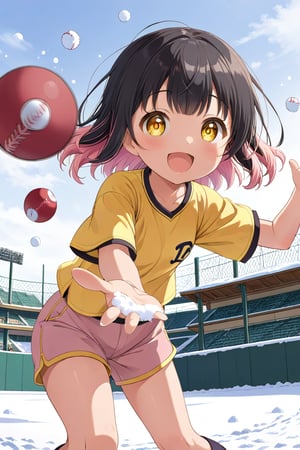 loli, happy face, black hair, yellow_eyes, front_view, snow baseball, pink hair, yellow shirt, brown yellow shorts, throwing balls