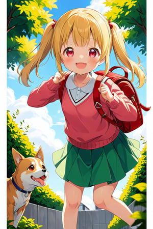 loli, happy face, yellow hair, red_eyes, twintails, down_view, gray garden, green skirt, white shirt, red sweater, pink backpack, dog_pose