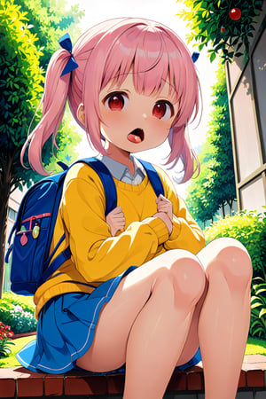 loli, lewd face, pink hair, red_eyes, twintails, down_view, green garden, blue skirt, white shirt, yellow sweater, blue backpack, sitting, legs_spread, sticking_out_tongue, arms_raised,