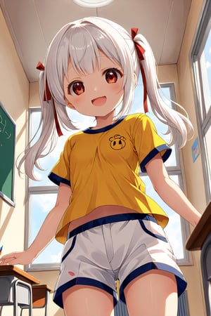 loli , happy face, white hair, red_eyes, twintails, down_view, classroom, yellow shirt, white shorts, 