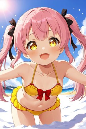 loli, happy face,  yelloe pink hair, twin_tails, yellow_eyes, down_view, snow beach, yellow bikini