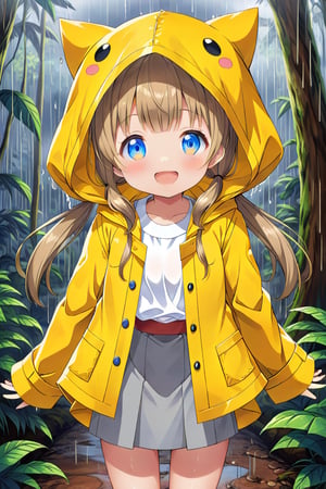 loli , happy face, twintails, yellow brown hair, blue_eyes, front_view, rain forest, white shirt, gray skirt, yellow raincoat