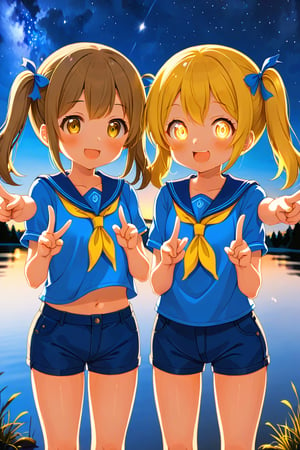 2_girls. loli hypnotized, happy_face, yellow_hair, brown hair, front_view, twin_tails, yellow_eyes, night lake, scout, blue shirt, blue short pants, peace fingers