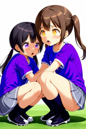 2_girls. loli hypnotized, sad_face, black_hair, brown hair, side_view, twin_tails, yellow_eyes, soccer, purple shirt, gray skirt, sticking_out_tongue, squatting, hugging