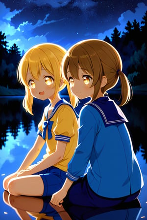 2_girls. loli hypnotized, happy_face, yellow_hair, brown hair, side_view, twin_tails, yellow_eyes, night lake, scout, blue shirt, blue short pants, sitting, hugging