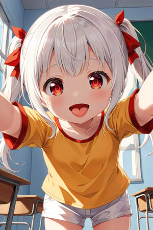 loli , happy face, white hair, red_eyes, twintails, down_view, classroom, yellow shirt, white shorts, sticking_out_tongue, hands_raised