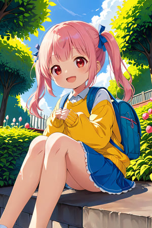 loli, happy face, pink hair, red_eyes, twintails, down_view, green garden, blue skirt, white shirt, yellow sweater, blue backpack, sitting, legs