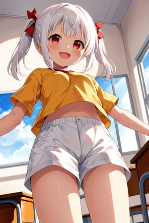 loli , happy face, white hair, red_eyes, twintails, down_view, classroom, yellow shirt, white shorts, 