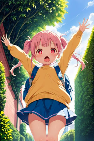 loli, lewd face, pink hair, red_eyes, twintails, down_view, green garden, blue skirt, white shirt, yellow sweater, blue backpack, quatting, sticking_out_tongue, arms_raised, 