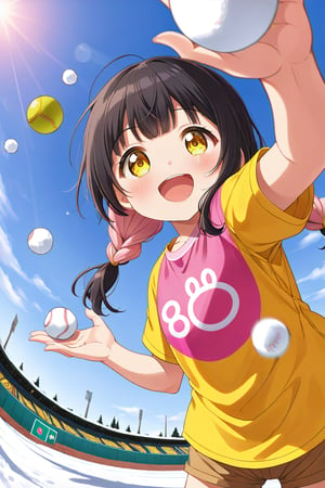 loli, happy face, black hair, yellow_eyes, down_view, snow baseball, pink hair, yellow shirt, brown yellow shorts, throwing balls