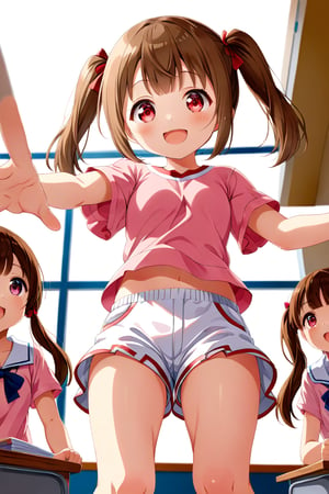 loli , happy face, brown hair, red_eyes, twintails, down_view, classroom, pink shirt, white shorts, 