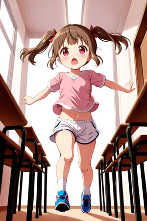 loli , surprise face, brown hair, red_eyes, twintails, down_view, classroom, pink shirt, white shorts, running