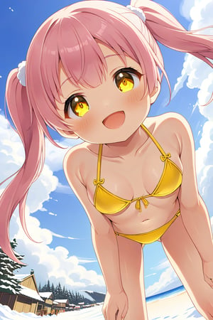 loli, happy face,  yelloe pink hair, twin_tails, yellow_eyes, down_view, snow beach, yellow bikini