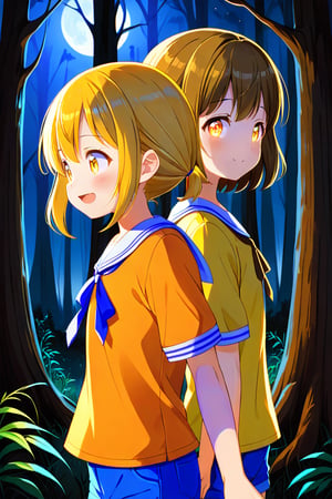 2_girls. loli hypnotized, happy_face, yellow_hair, brown hair, side_view, twin_tails, yellow_eyes, night forest, scout, orange shirt, blue short pants, 