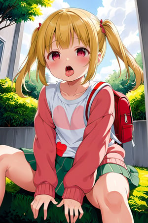 loli, lewd face, yellow hair, red_eyes, twintails, down_view, gray garden, green skirt, white shirt, red sweater, pink backpack, sitting, legs_spread, sticking_out_tongue