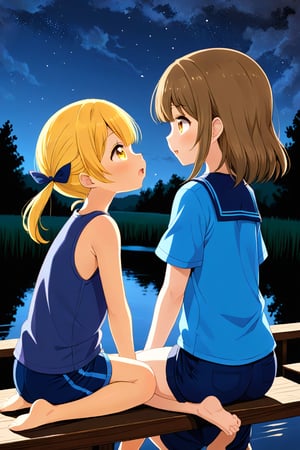 2_girls. loli hypnotized, happy_face, yellow_hair, brown hair, side_view, twin_tails, yellow_eyes, night lake, scout, blue shirt, blue short pants, sitting, kissing