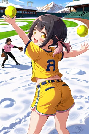 loli, happy face, black hair, yellow_eyes, back_view, snow baseball, pink hair, yellow shirt, brown yellow shorts, throwing balls