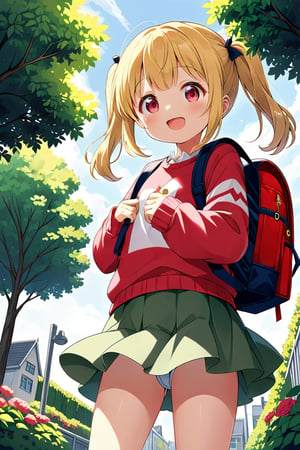 loli, happy face, yellow hair, red_eyes, twintails, down_view, gray garden, green skirt, white shirt, red sweater, pink backpack, 