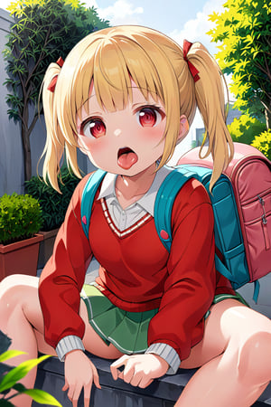 loli, lewd face, yellow hair, red_eyes, twintails, down_view, gray garden, green skirt, white shirt, red sweater, pink backpack, sitting, legs_spread, sticking_out_tongue