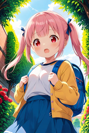 loli, surprise face, pink hair, red_eyes, twintails, down_view, green garden, blue skirt, white shirt, yellow sweater, blue backpack