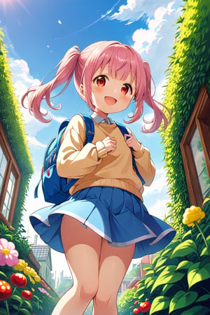 loli, happy face, pink hair, red_eyes, twintails, down_view, green garden, blue skirt, white shirt, yellow sweater, blue backpack