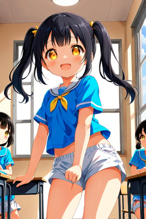 loli , happy face, black hair, yellow_eyes, twintails, down_view, classroom, blue shirt, white shorts, 