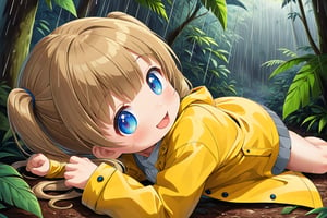 loli , happy face, twintails, yellow brown hair, blue_eyes, side_view, rain forest, white shirt, gray skirt, yellow raincoat, sticking_out_tongue, lying down