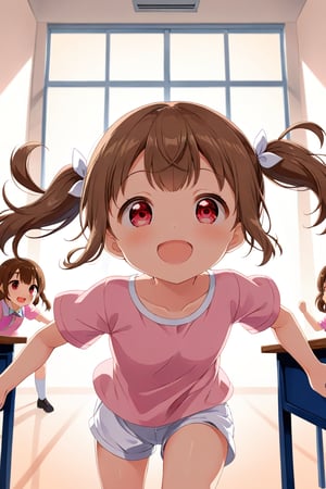 loli , happy face, brown hair, red_eyes, twintails, down_view, classroom, pink shirt, white shorts, running