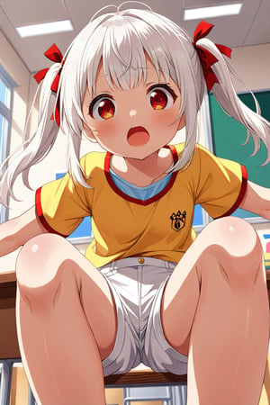 loli , surprise face, white hair, red_eyes, twintails, down_view, classroom, yellow shirt, white shorts, 