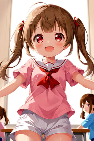 loli , happy face, brown hair, red_eyes, twintails, down_view, classroom, pink shirt, white shorts, 