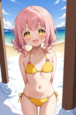 loli, happy face,  yelloe pink hair, yellow_eyes, front_view, snow beach, yellow bikini