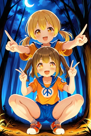 2_girls. loli hypnotized, happy_face, yellow_hair, brown hair, front_view, twin_tails, yellow_eyes, night forest, scout, orange shirt, blue short pants, squating, peace fingers, tongue