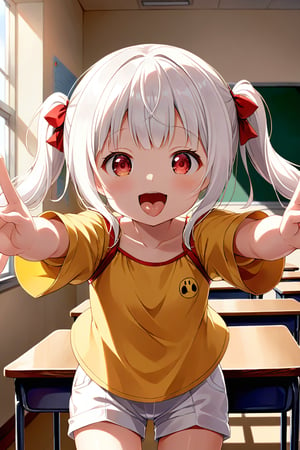 loli , happy face, white hair, red_eyes, twintails, down_view, classroom, yellow shirt, white shorts, sticking_out_tongue, hands_raised