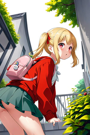 loli, lewd face, yellow hair, red_eyes, twintails, down_view, gray garden, green skirt, white shirt, red sweater, pink backpack, dog_pose