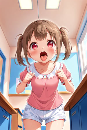 loli , surprise face, brown hair, red_eyes, twintails, down_view, classroom, pink shirt, white shorts, sticking_out_tongue