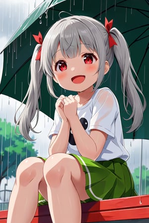 loli , happy face, twintails, gray hair, red_eyes, down_view, rain park, white shirt, green skirt, sitting, sticking_out_tongue, 