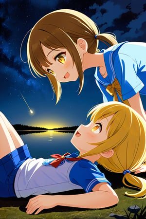 2_girls. loli hypnotized, happy_face, yellow_hair, brown hair, side_view, twin_tails, yellow_eyes, night lake, scout, blue shirt, blue short pants, lying