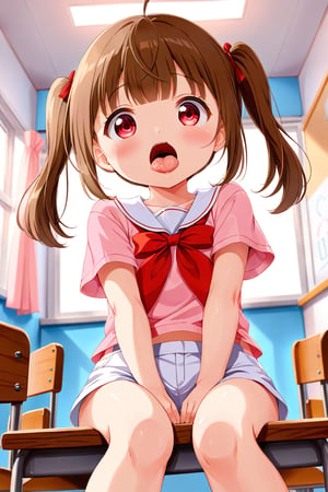 loli , surprised face, brown hair, red_eyes, twintails, down_view, classroom, pink shirt, white shorts, sitting,  sticking_out_tongue